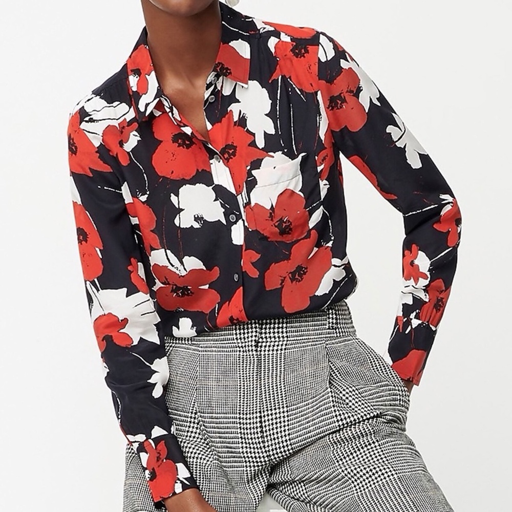 J Crew Classic-Fit Silk Boy Shirt in Navy Poppy Floral Print Blue Red 6